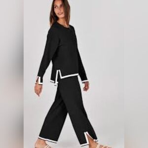 Black Long Sleeve Pant Set with Cream Trim, No Label, NWOT